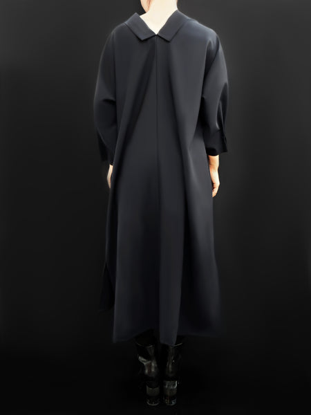 Origami Collar Virgin Wool Puff Sleeves Dress / Navy - YOJIRO KAKE OFFICIAL