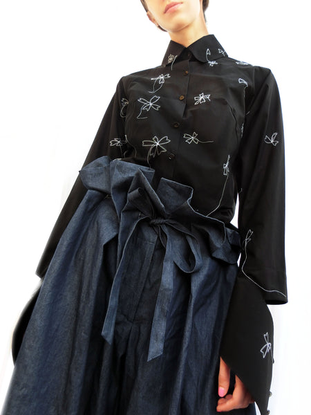 High Collar Flower Stitching Embroidered Shirt/ Black/ 100% Cotton - YOJIRO KAKE OFFICIAL