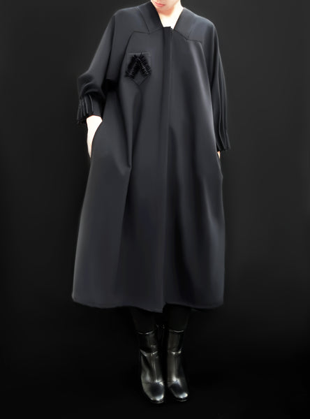 Origami Collar Virgin Wool Puff Sleeves Dress / Navy - YOJIRO KAKE OFFICIAL