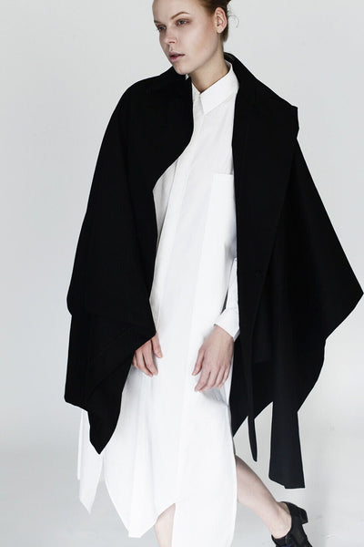 Origami Stain Collar Wool Cape / Black - YOJIRO KAKE OFFICIAL