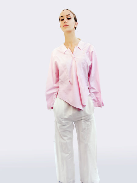 Long Sleeve Striped Shirt with Origami Classic Collar/ Light pink