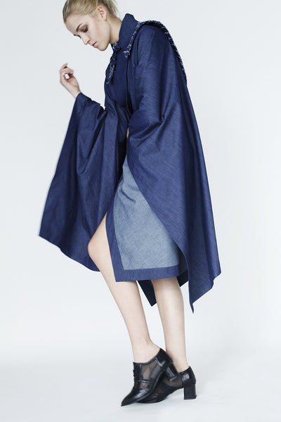 Origami Stain Collar Light Denim Cape / Navy - YOJIRO KAKE OFFICIAL