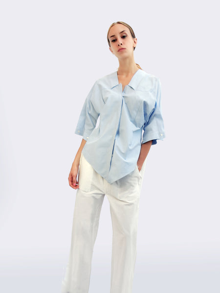Six-quarter Sleeve Striped Shirt with Origami Classic Collar/ Light blue
