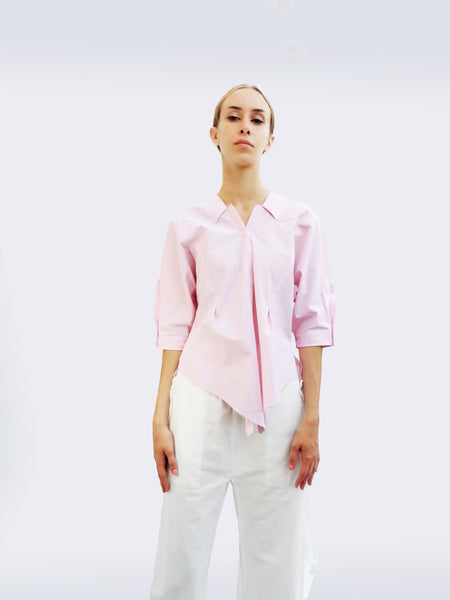 Six-quarter Sleeve Striped Shirt with Origami Classic Collar/Light pink