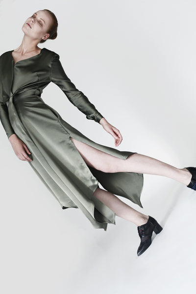 Origami Viscose Triangle Folds Midi Dress / Olive - YOJIRO KAKE OFFICIAL