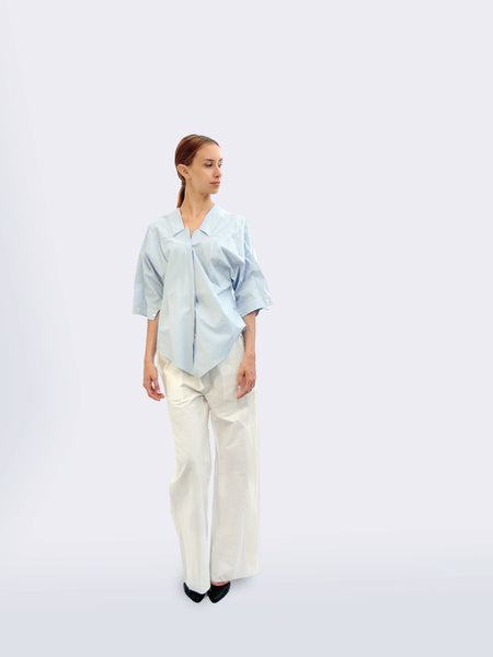 Six-quarter Sleeve Striped Shirt with Origami Classic Collar/ Light blue