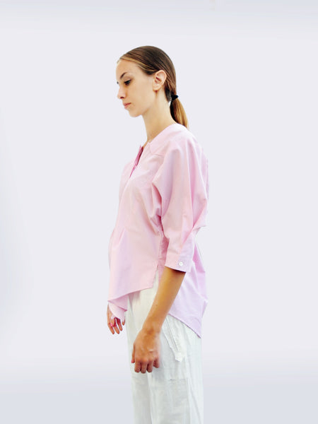 Six-quarter Sleeve Striped Shirt with Origami Classic Collar/Light pink