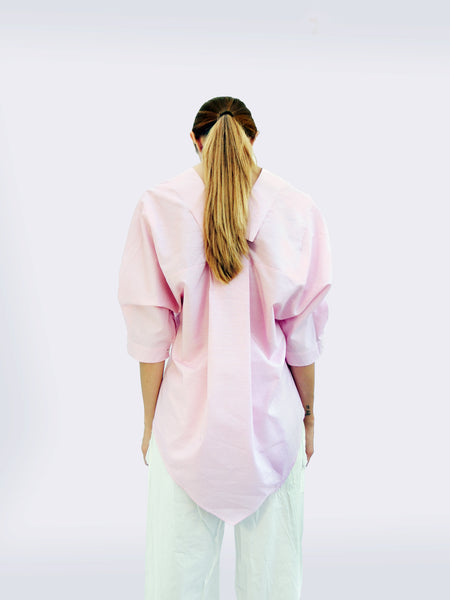 Six-quarter Sleeve Striped Shirt with Origami Classic Collar/Light pink