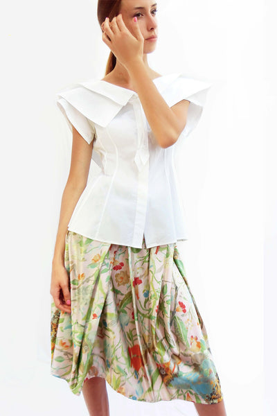 Double Collar Frilly Sleeves Cotton Shirt / White