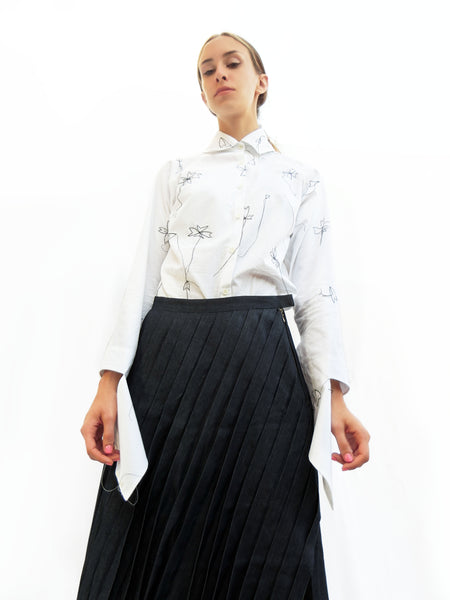 High Collar Flower Stitching Embroidered Shirt/ White/ 100% Cotton - YOJIRO KAKE OFFICIAL