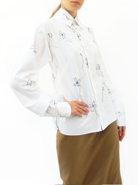 High Collar Flower Stitching Embroidered Shirt/ White/ 100% Cotton - YOJIRO KAKE OFFICIAL