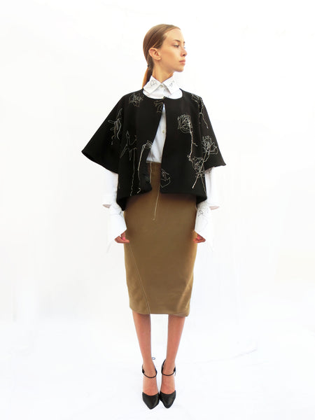 Wool Wide Jacket with Embroidered Stitching/ Black/ 100% Wool - YOJIRO KAKE OFFICIAL