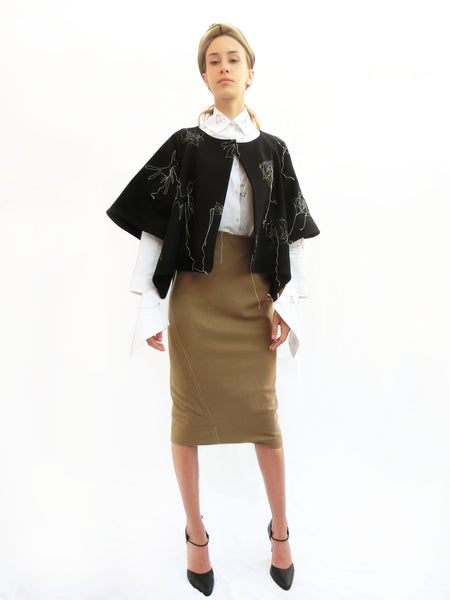 Wool Wide Jacket with Embroidered Stitching/ Black/ 100% Wool - YOJIRO KAKE OFFICIAL