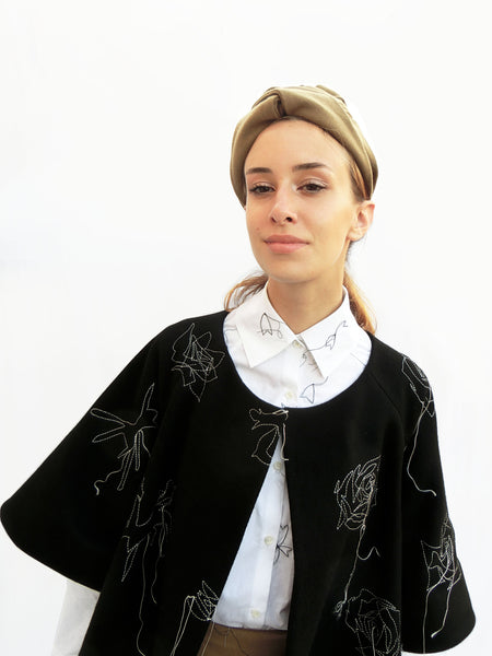Wool Wide Jacket with Embroidered Stitching/ Black/ 100% Wool - YOJIRO KAKE OFFICIAL