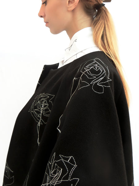 Wool Wide Jacket with Embroidered Stitching/ Black/ 100% Wool - YOJIRO KAKE OFFICIAL
