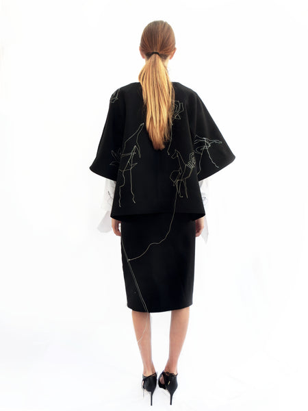 Wool Wide Jacket with Embroidered Stitching/ Black/ 100% Wool - YOJIRO KAKE OFFICIAL