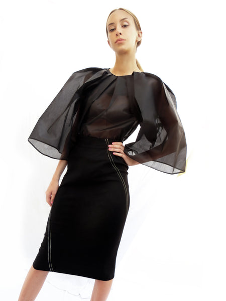 Angular Pleated Transparent Top/ Black/ 100% Silk - YOJIRO KAKE OFFICIAL