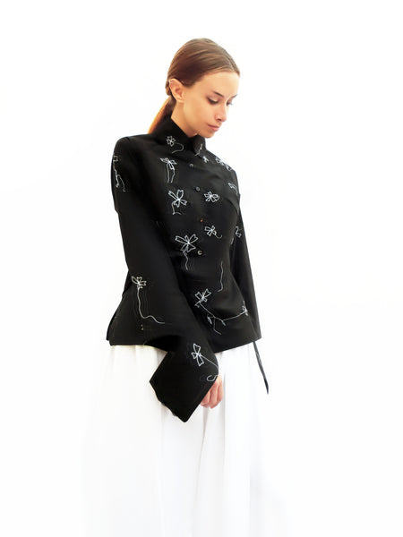 High Collar Flower Stitching Embroidered Shirt/ Black/ 100% Cotton - YOJIRO KAKE OFFICIAL