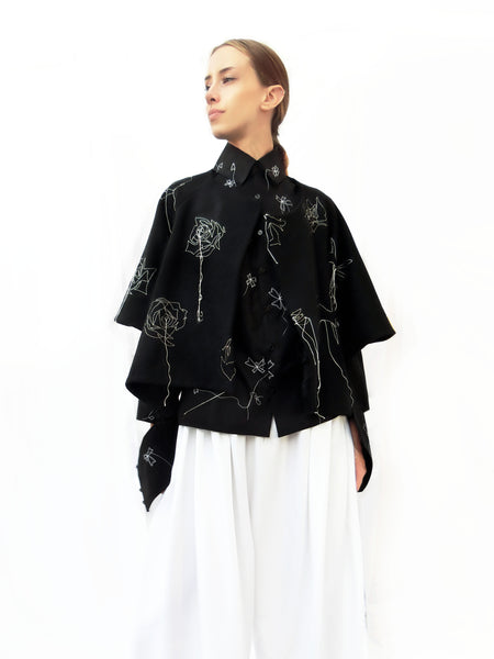 Wool Wide Jacket with Embroidered Stitching/ Black/ 100% Wool - YOJIRO KAKE OFFICIAL
