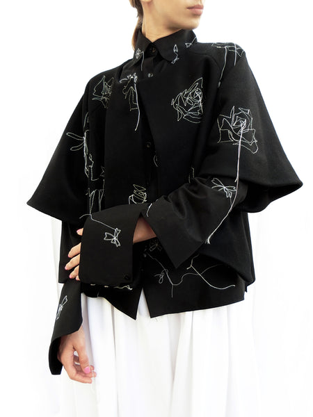 Wool Wide Jacket with Embroidered Stitching/ Black/ 100% Wool - YOJIRO KAKE OFFICIAL