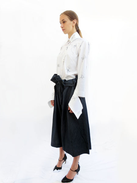 High Collar Flower Stitching Embroidered Shirt/ White/ 100% Cotton - YOJIRO KAKE OFFICIAL