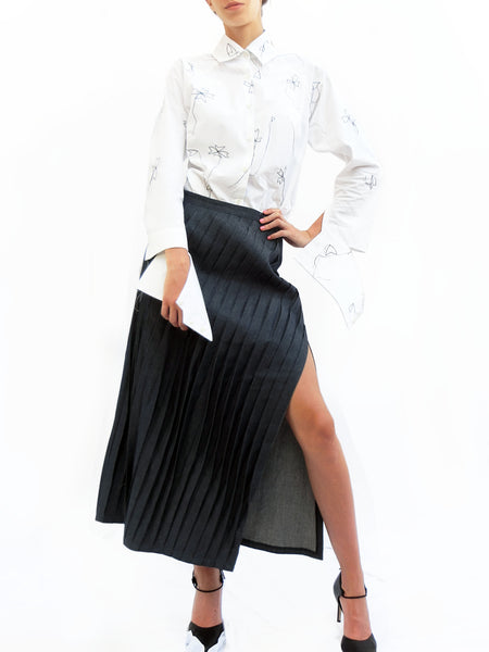 Oblique Pleated Light Denim Long Skirt /Navy / 100% Cotton - YOJIRO KAKE OFFICIAL