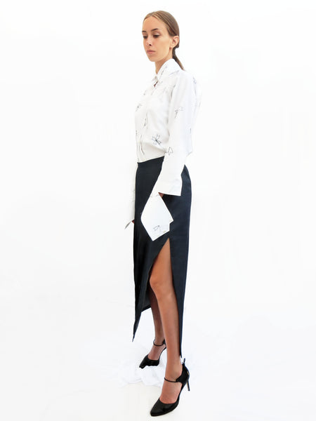 Oblique Pleated Light Denim Long Skirt /Navy / 100% Cotton - YOJIRO KAKE OFFICIAL
