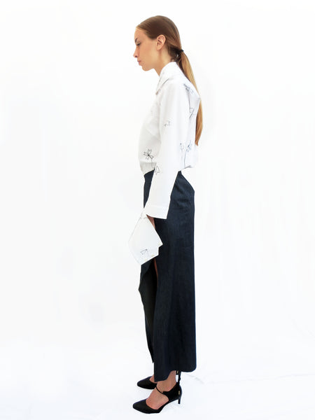 Oblique Pleated Light Denim Long Skirt /Navy / 100% Cotton - YOJIRO KAKE OFFICIAL