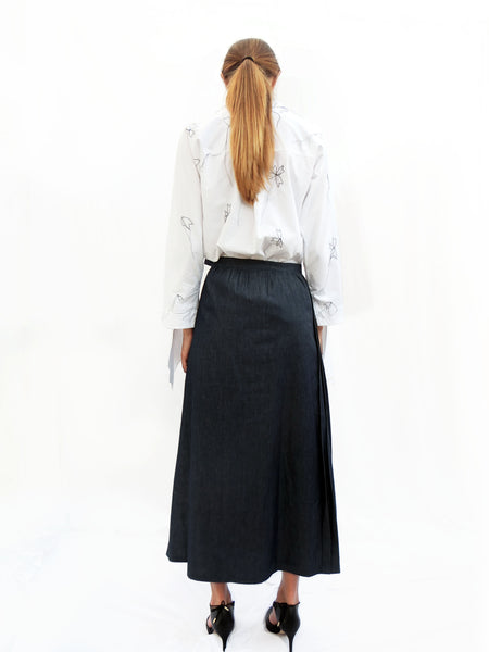 Oblique Pleated Light Denim Long Skirt /Navy / 100% Cotton - YOJIRO KAKE OFFICIAL