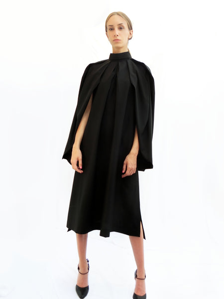 High Collar Anglar Pleated Dress / Black / 100% Virgin Wool - YOJIRO KAKE OFFICIAL