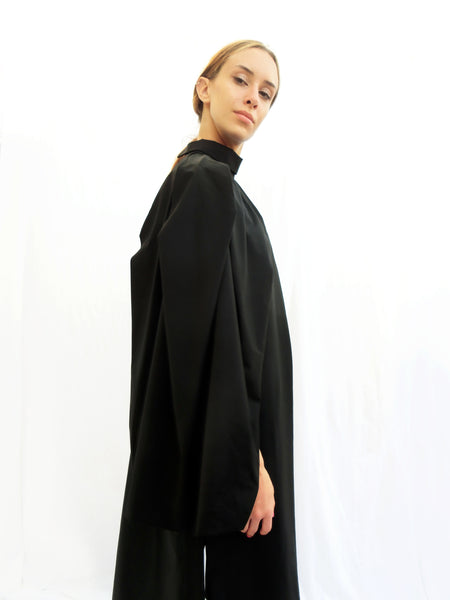 High Collar Anglar Pleated Dress / Black / 100% Virgin Wool - YOJIRO KAKE OFFICIAL
