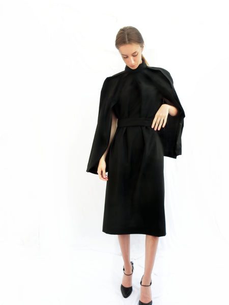 High Collar Anglar Pleated Dress / Black / 100% Virgin Wool - YOJIRO KAKE OFFICIAL
