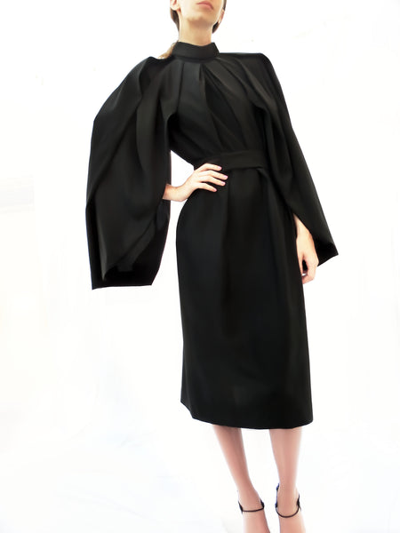 High Collar Anglar Pleated Dress / Black / 100% Virgin Wool - YOJIRO KAKE OFFICIAL