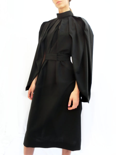High Collar Anglar Pleated Dress / Black / 100% Virgin Wool - YOJIRO KAKE OFFICIAL