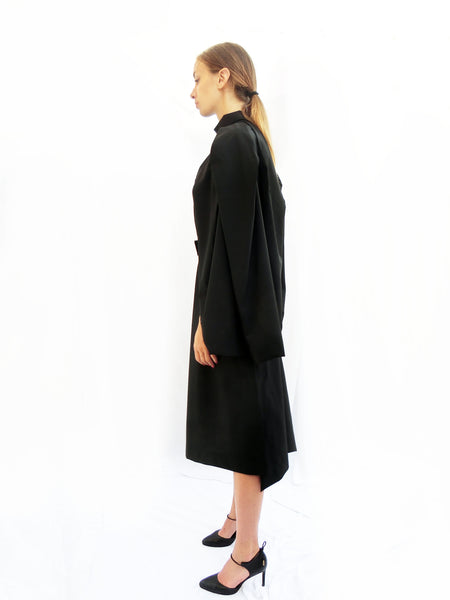 High Collar Anglar Pleated Dress / Black / 100% Virgin Wool - YOJIRO KAKE OFFICIAL