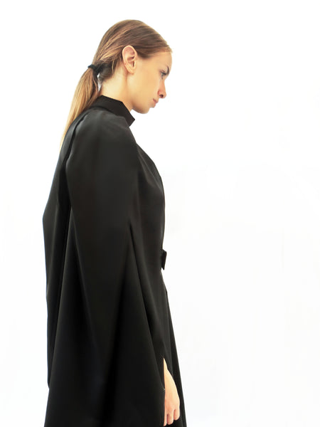 High Collar Anglar Pleated Dress / Black / 100% Virgin Wool - YOJIRO KAKE OFFICIAL