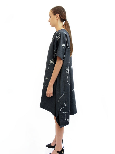 Light denim Dress with Blossoms Stitched Embroidery/ Navy/ 100% Cotton - YOJIRO KAKE OFFICIAL