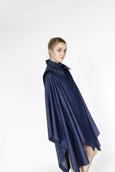 Origami Stain Collar Denim Cape – Navy Light Design