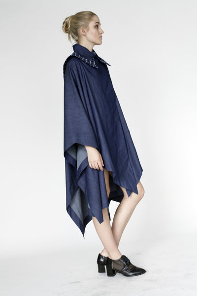 Origami Stain Collar Denim Cape – Navy Light Design
