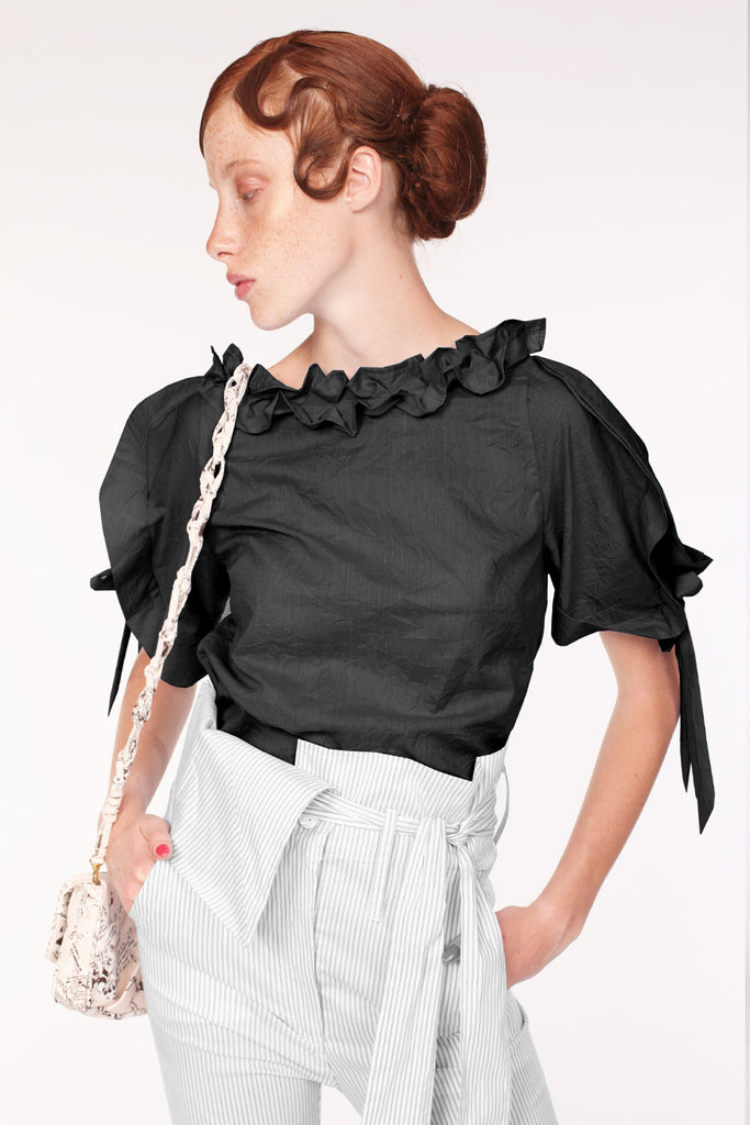 Frilly Neck Squarish Sleeves Wrinkled Cotton Top/ Black - YOJIRO KAKE OFFICIAL