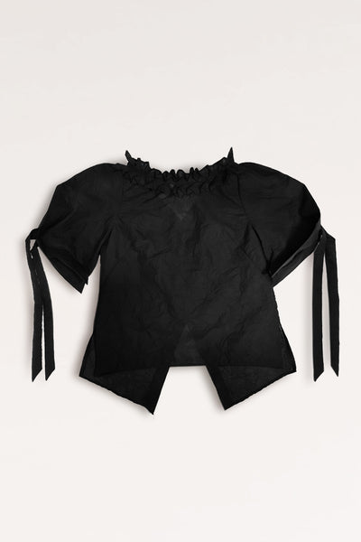 Frilly Neck Squarish Sleeves Wrinkled Cotton Top/ Black - YOJIRO KAKE OFFICIAL