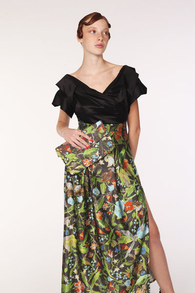 Open Collar High Waist Silk Maxi Dress / Black & Print - YOJIRO KAKE OFFICIAL