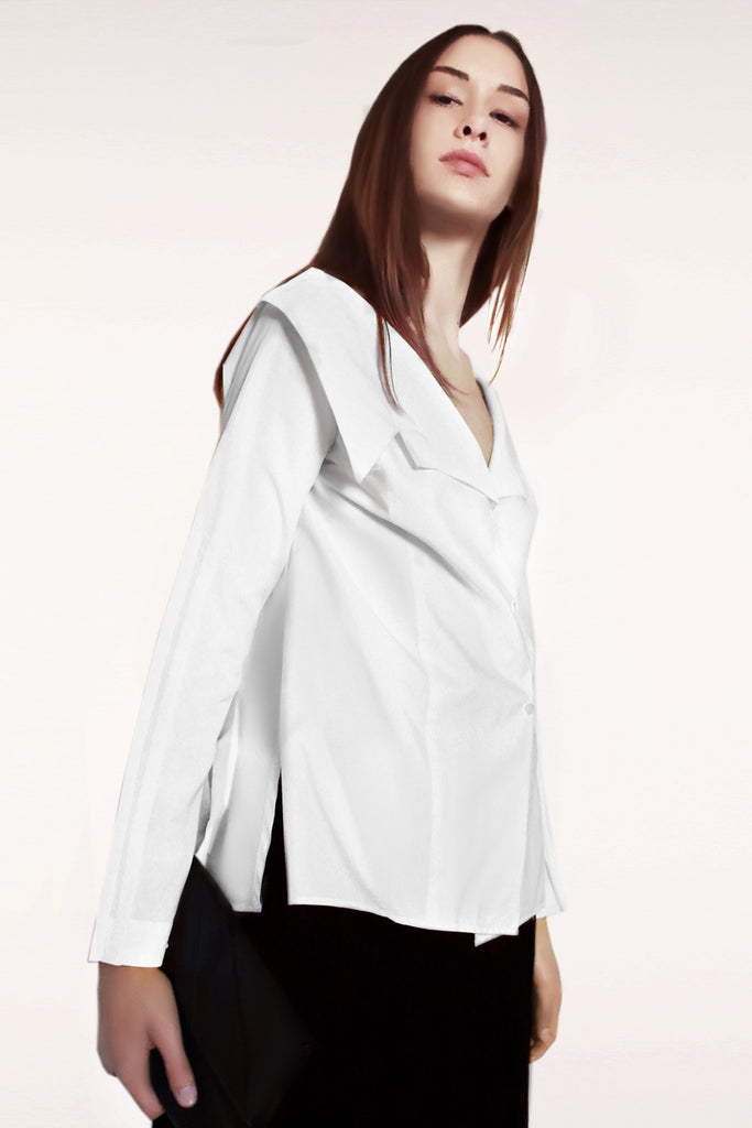Open Collar Long Sleeves Cotton Shirt / White - YOJIRO KAKE OFFICIAL