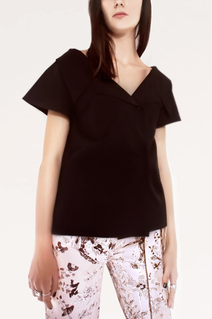 Open Collar Short Sleeves Cotton Shirt / Black - YOJIRO KAKE OFFICIAL