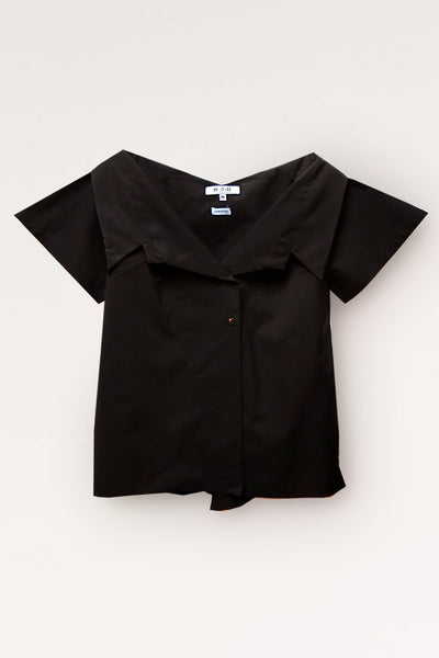 Open Collar Short Sleeves Cotton Shirt / Black - YOJIRO KAKE OFFICIAL