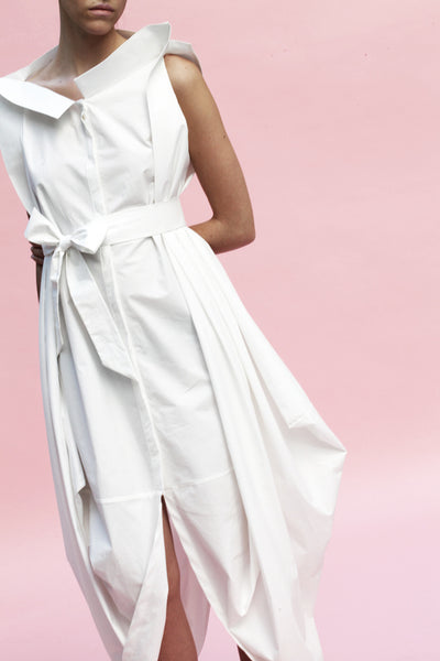 Origami Buri Cotton Shirt Dress / White - YOJIRO KAKE OFFICIAL
