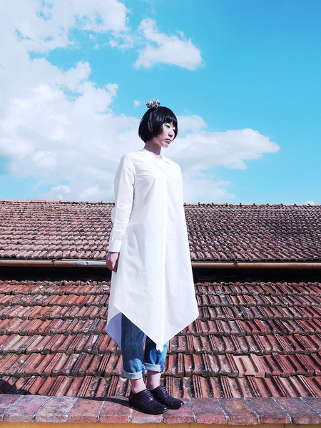 Origami Cotton Shirt Dress / White - YOJIRO KAKE OFFICIAL