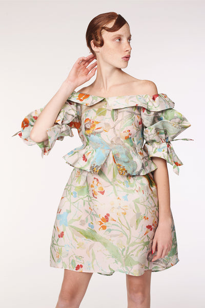 Squarish Sleeves Origami Silk Organdy Dress / Paper Collage Print. - YOJIRO KAKE OFFICIAL