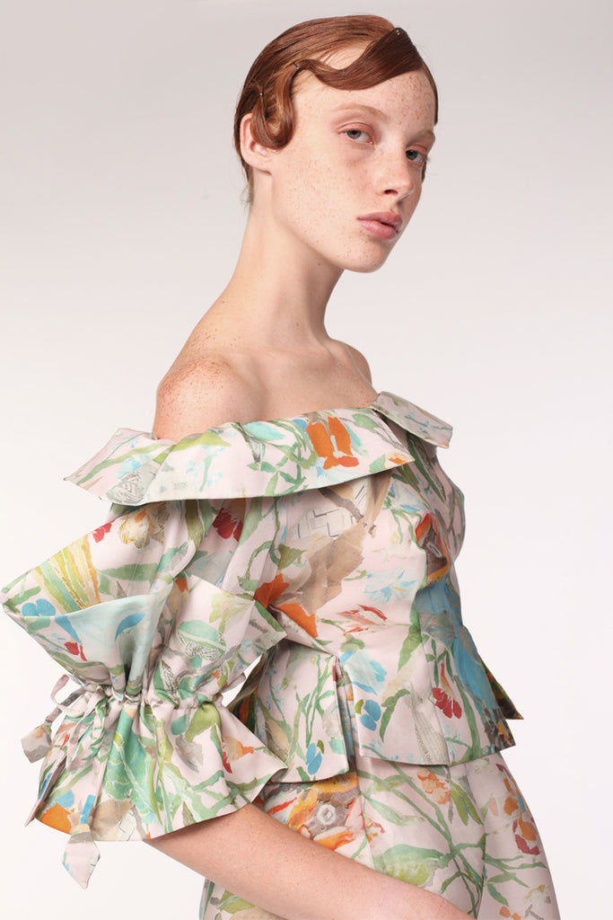 Squarish Sleeves Origami Silk Organdy Dress / Paper Collage Print - YOJIRO KAKE OFFICIAL