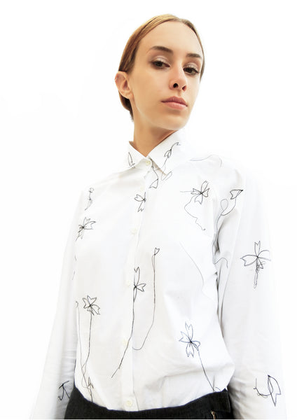 High Collar Flower Stitching Embroidered Shirt/ White/ 100% Cotton - YOJIRO KAKE OFFICIAL